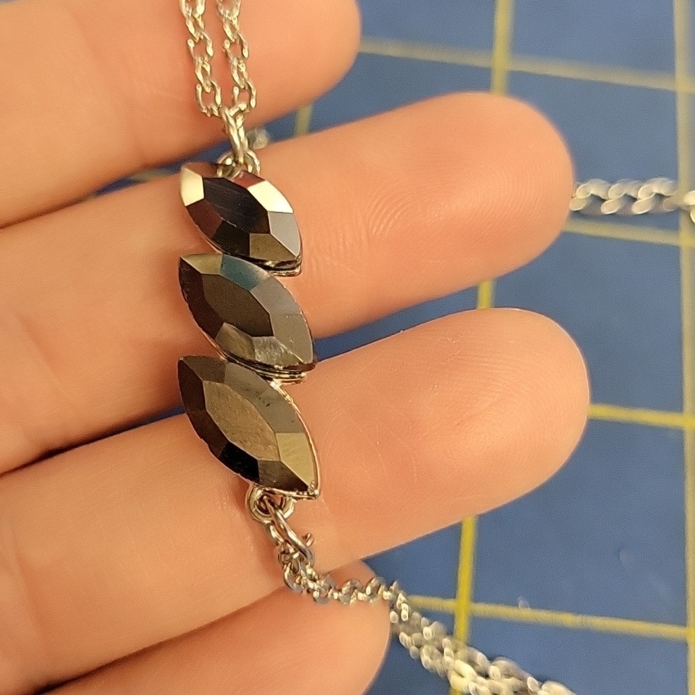 Silver Tone Iridescent Triple Stone 7" +3" ext Double Silver Chain Bracelet